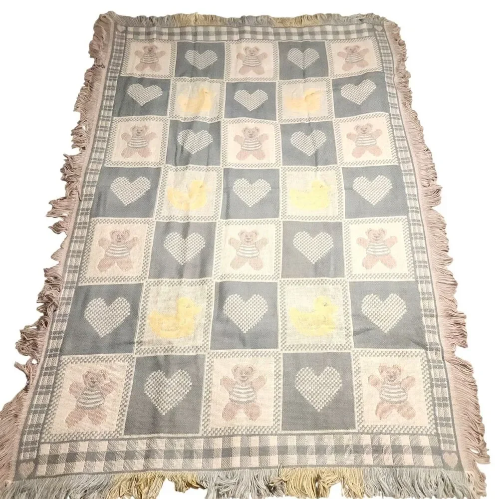 American Weavers Jaquard Throw Blanket Blue White Check Hearts & Bears 36